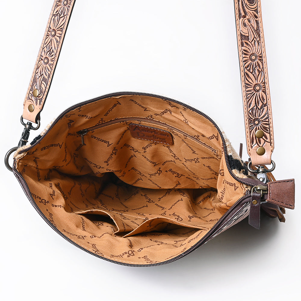 ADBG510 Tooled Leather & Saddle Blanket Crossbody Bag Paisley Western Fringe Purse by American Darling