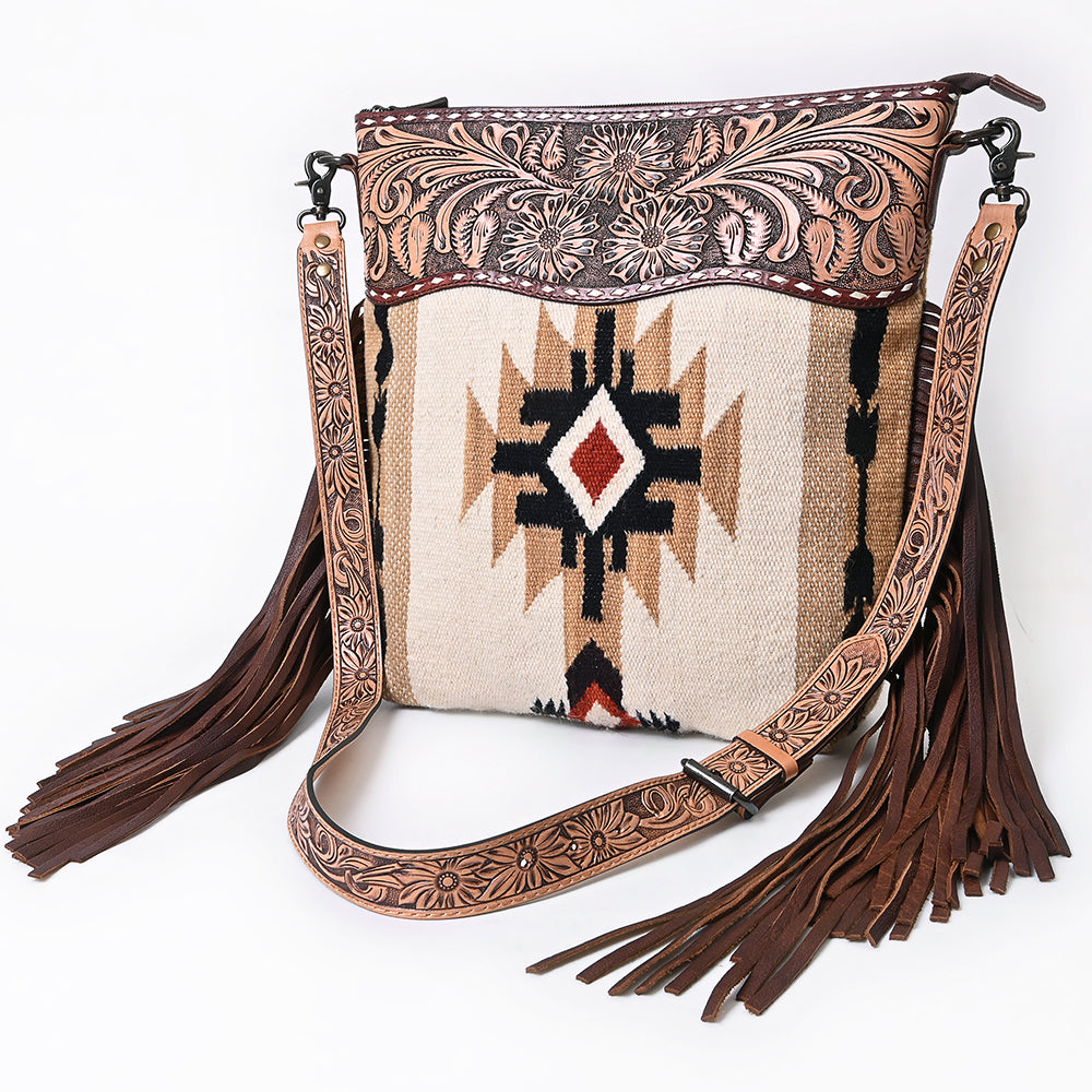 ADBG510 Tooled Leather & Saddle Blanket Crossbody Bag Paisley Western Fringe Purse by American Darling