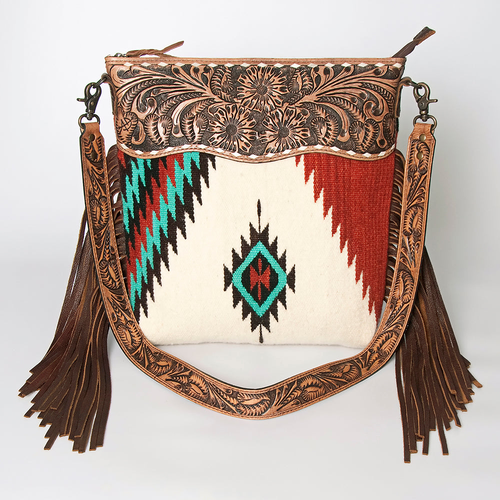 ADBG510 Tooled Leather & Saddle Blanket Crossbody Bag Paisley Western Fringe Purse by American Darling