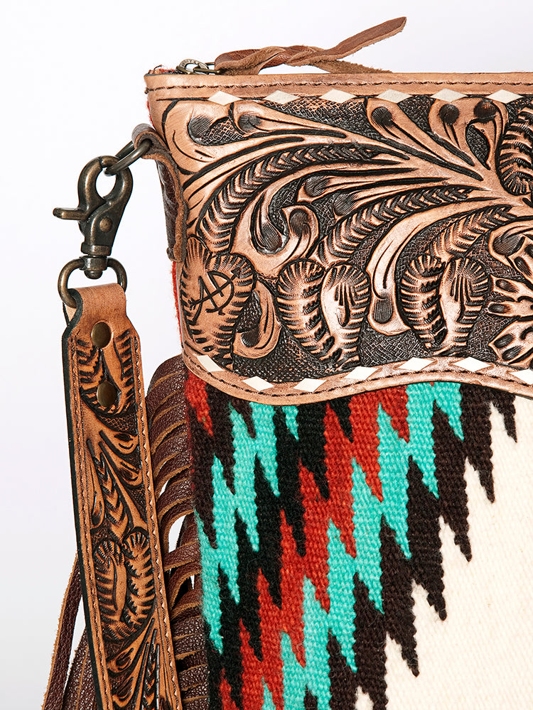 ADBG510 Tooled Leather & Saddle Blanket Crossbody Bag Paisley Western Fringe Purse by American Darling