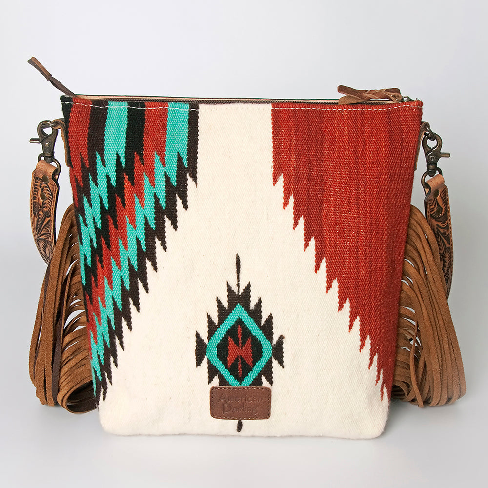 ADBG510 Tooled Leather & Saddle Blanket Crossbody Bag Paisley Western Fringe Purse by American Darling