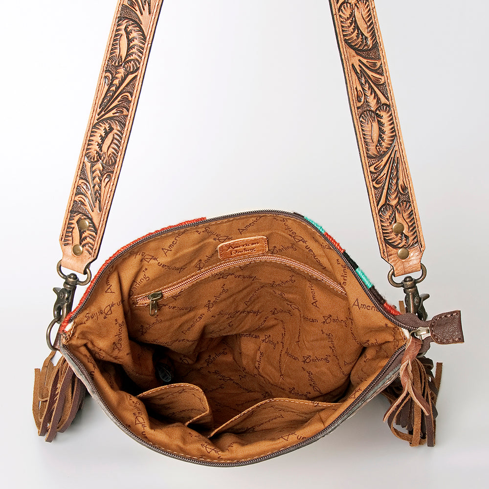 ADBG510 Tooled Leather & Saddle Blanket Crossbody Bag Paisley Western Fringe Purse by American Darling