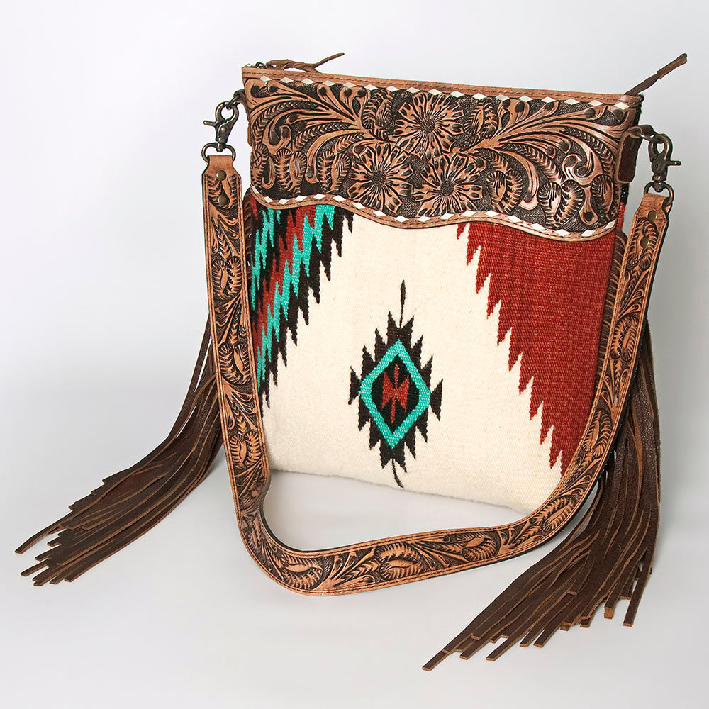 ADBG510 Tooled Leather & Saddle Blanket Crossbody Bag Paisley Western Fringe Purse by American Darling