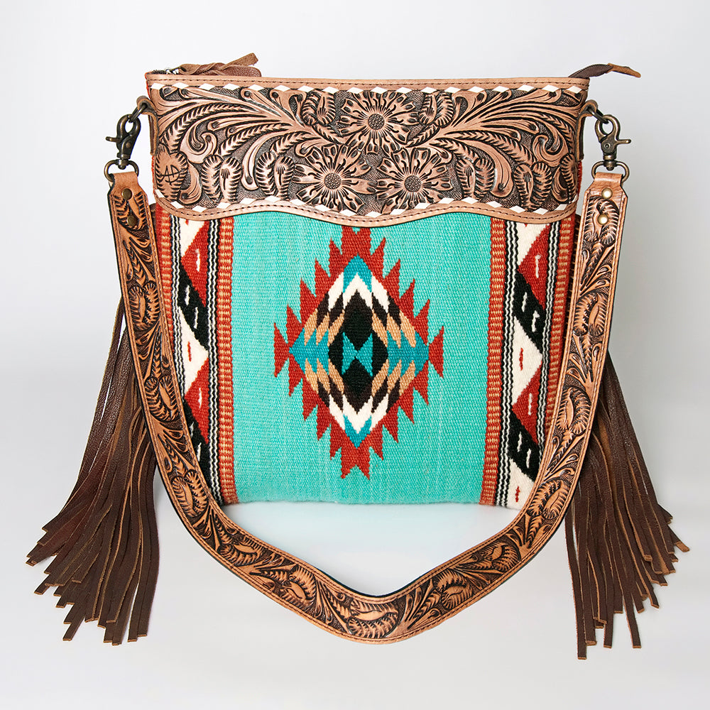 ADBG510 Tooled Leather & Saddle Blanket Crossbody Bag Paisley Western Fringe Purse by American Darling