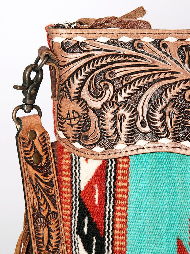 ADBG510 Tooled Leather & Saddle Blanket Crossbody Bag Paisley Western Fringe Purse by American Darling