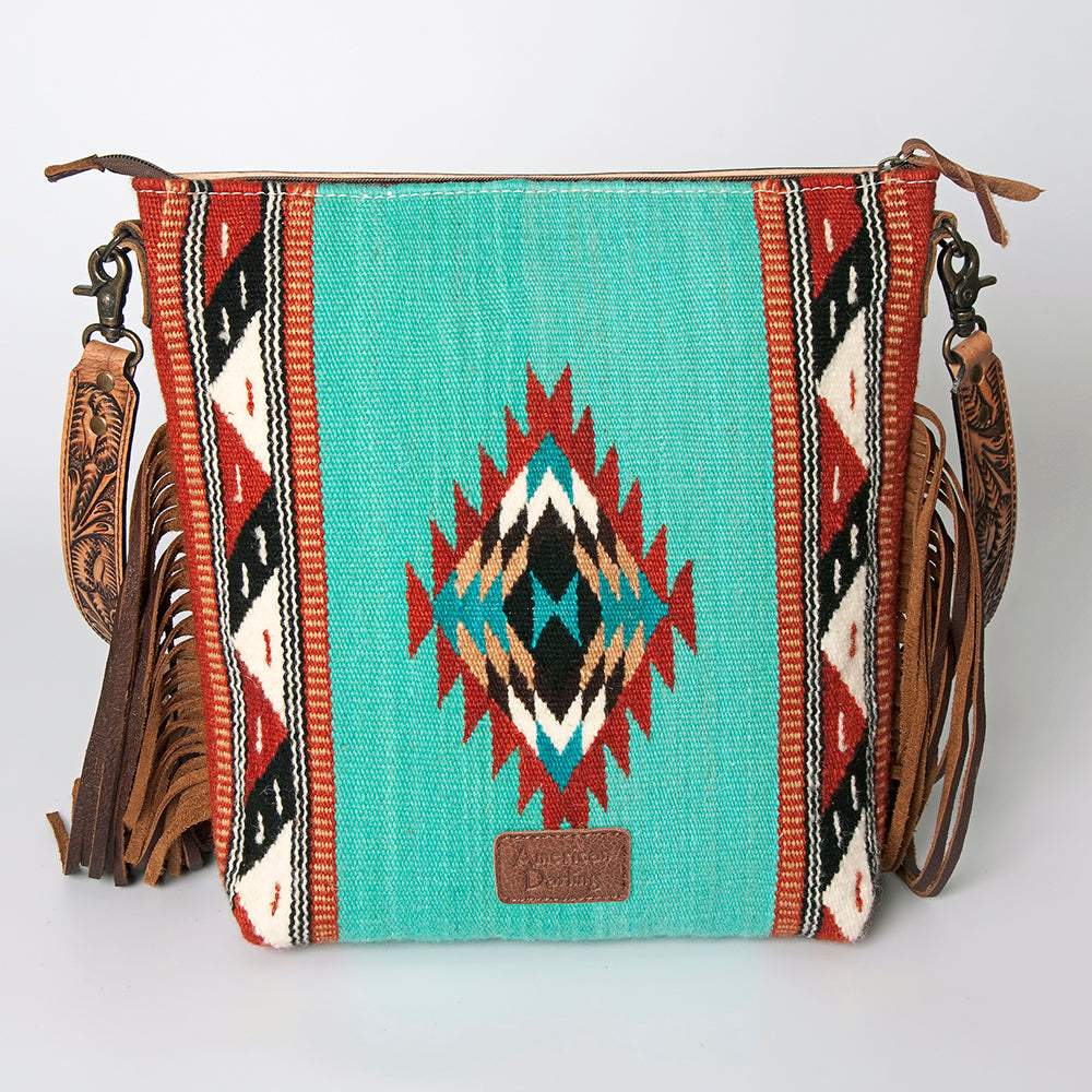 ADBG510 Tooled Leather & Saddle Blanket Crossbody Bag Paisley Western Fringe Purse by American Darling
