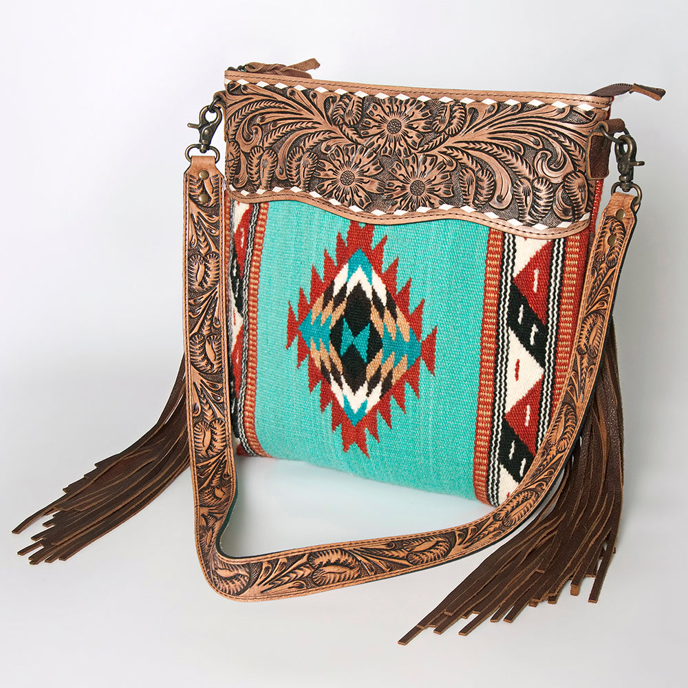 ADBG510 Tooled Leather & Saddle Blanket Crossbody Bag Paisley Western Fringe Purse by American Darling