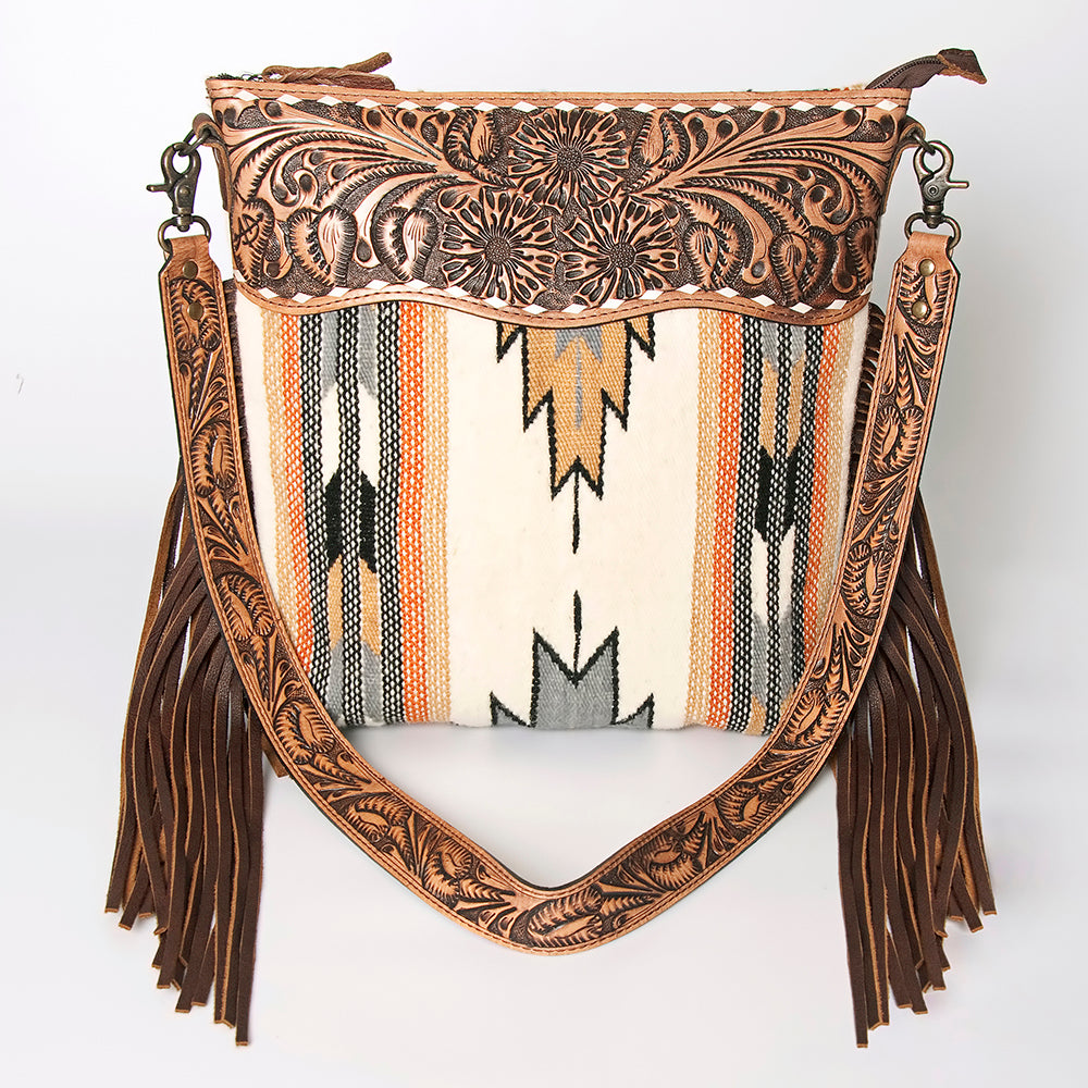 ADBG510 Tooled Leather & Saddle Blanket Crossbody Bag Paisley Western Fringe Purse by American Darling