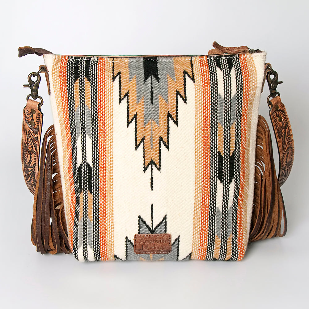ADBG510 Tooled Leather & Saddle Blanket Crossbody Bag Paisley Western Fringe Purse by American Darling