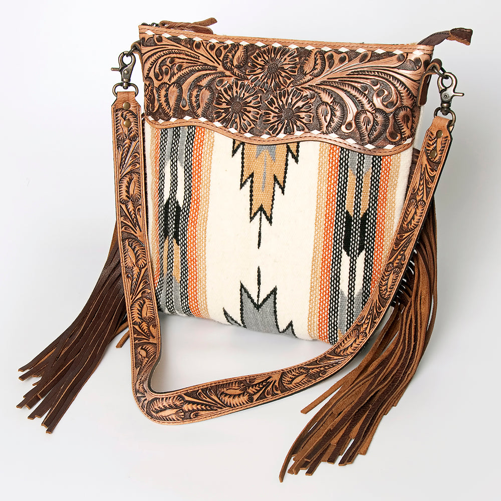 ADBG510 Tooled Leather & Saddle Blanket Crossbody Bag Paisley Western Fringe Purse by American Darling