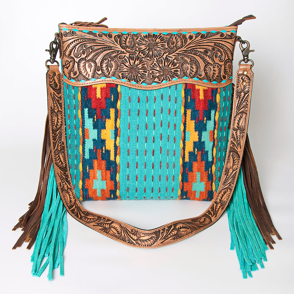 ADBG510 Tooled Leather & Saddle Blanket Crossbody Bag Paisley Western Fringe Purse by American Darling