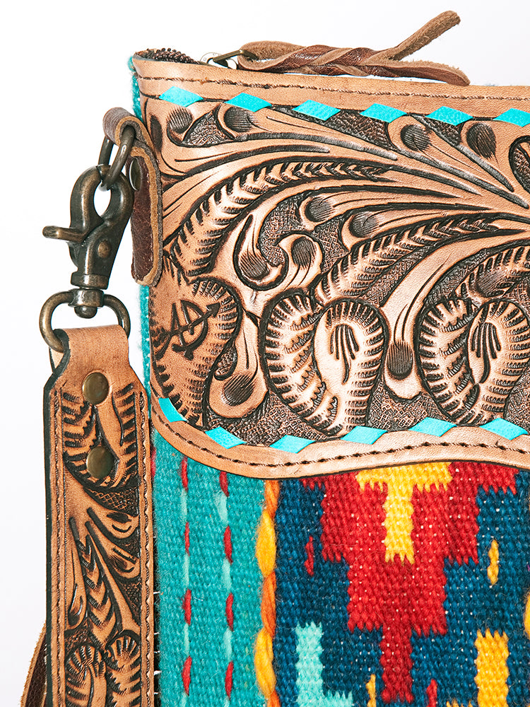 ADBG510 Tooled Leather & Saddle Blanket Crossbody Bag Paisley Western Fringe Purse by American Darling