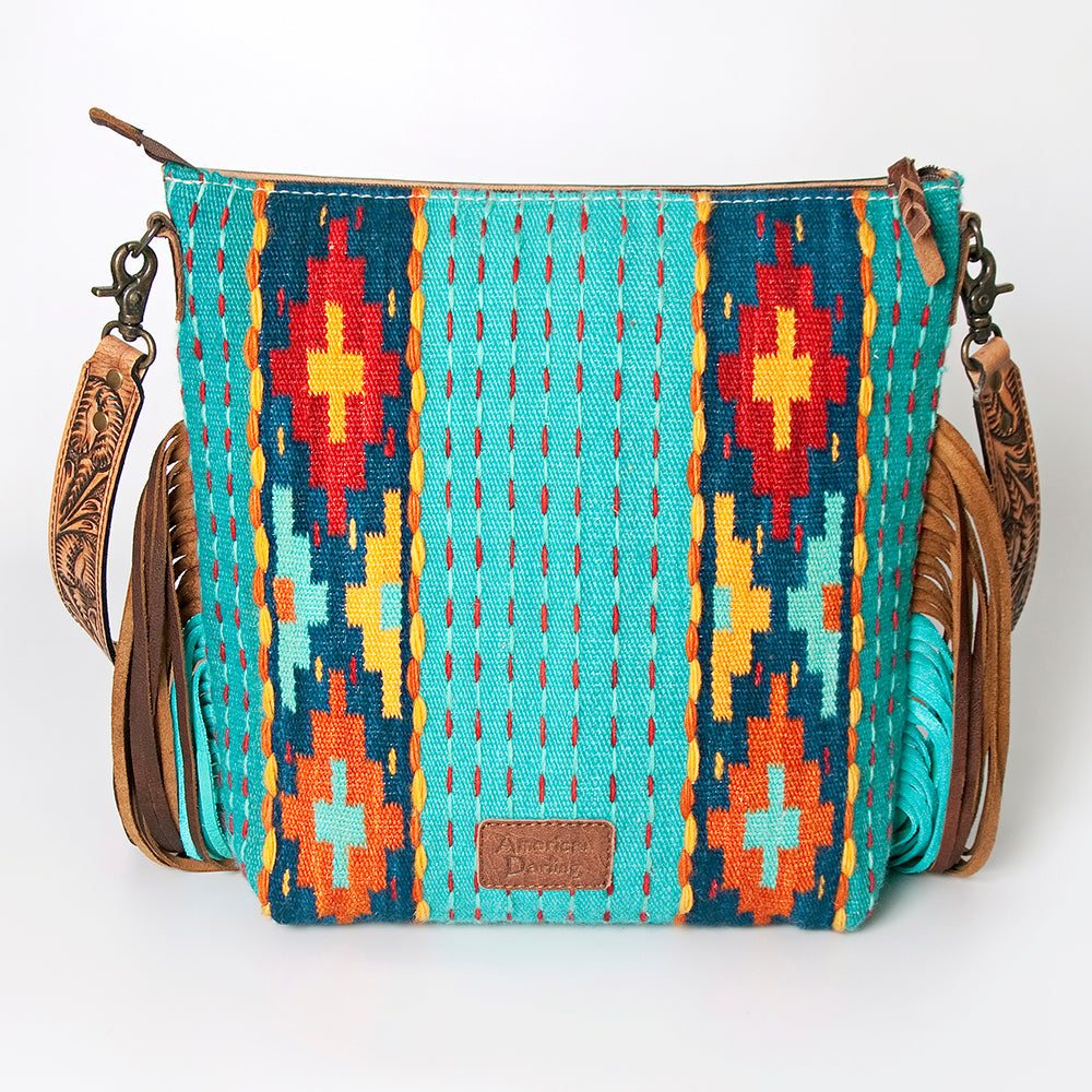 ADBG510 Tooled Leather & Saddle Blanket Crossbody Bag Paisley Western Fringe Purse by American Darling