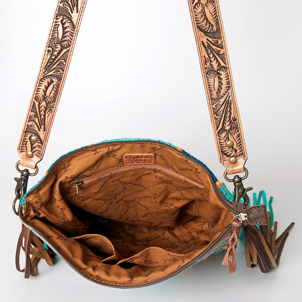 ADBG510 Tooled Leather & Saddle Blanket Crossbody Bag Paisley Western Fringe Purse by American Darling