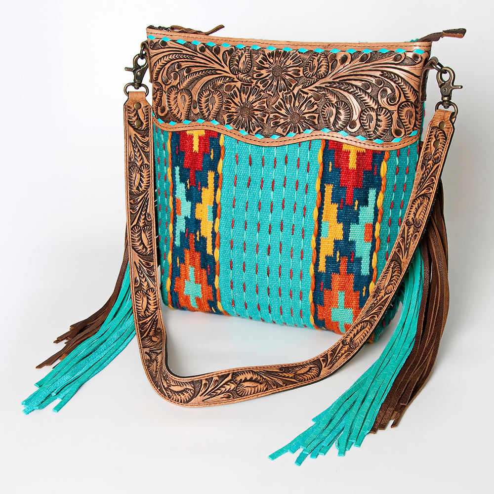 ADBG510 Tooled Leather & Saddle Blanket Crossbody Bag Paisley Western Fringe Purse by American Darling