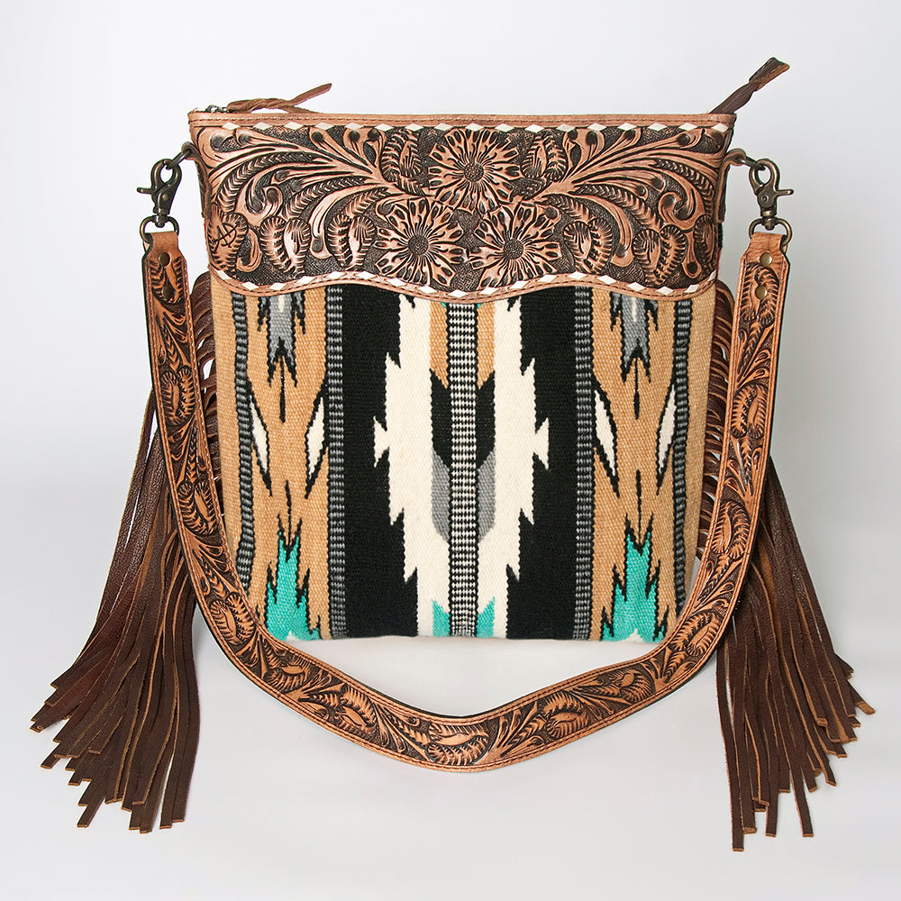 ADBG510 Tooled Leather & Saddle Blanket Crossbody Bag Western Fringe Purse by American Darling