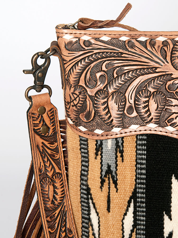 ADBG510 Tooled Leather & Saddle Blanket Crossbody Bag Western Fringe Purse by American Darling