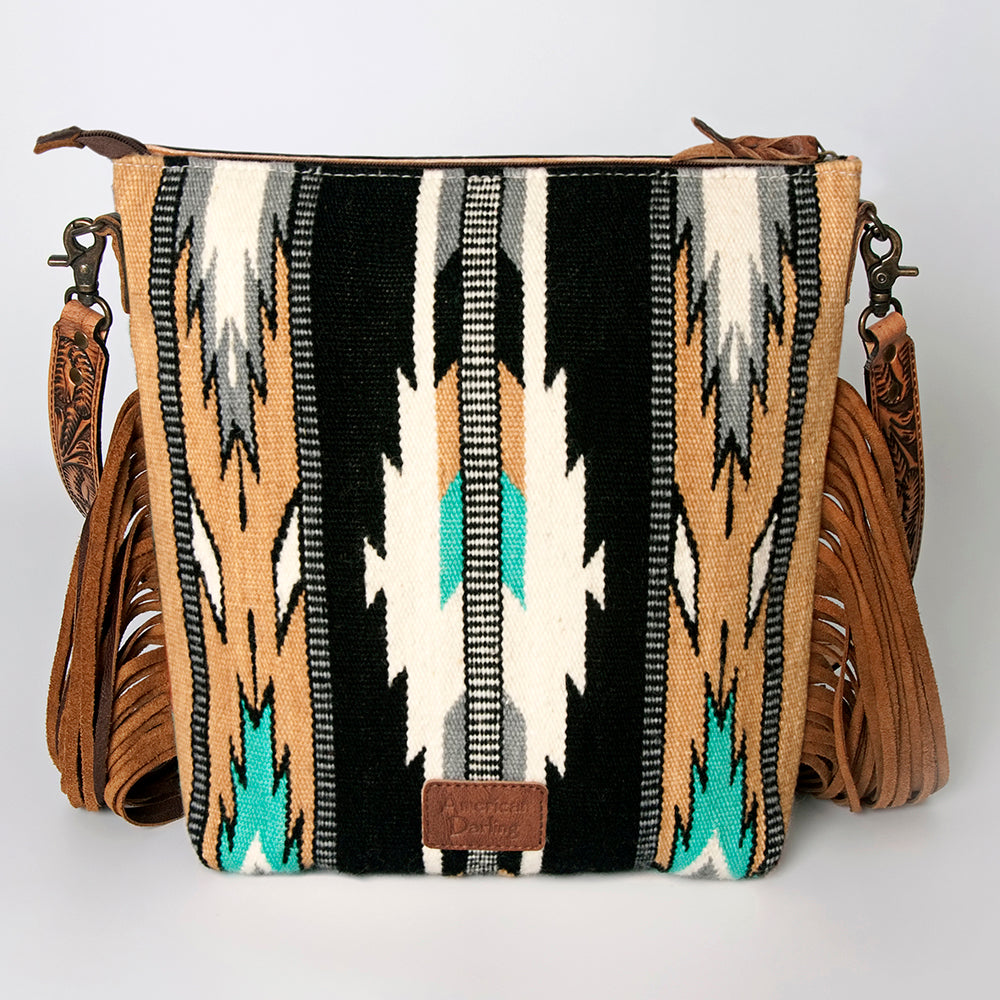 ADBG510 Tooled Leather & Saddle Blanket Crossbody Bag Western Fringe Purse by American Darling