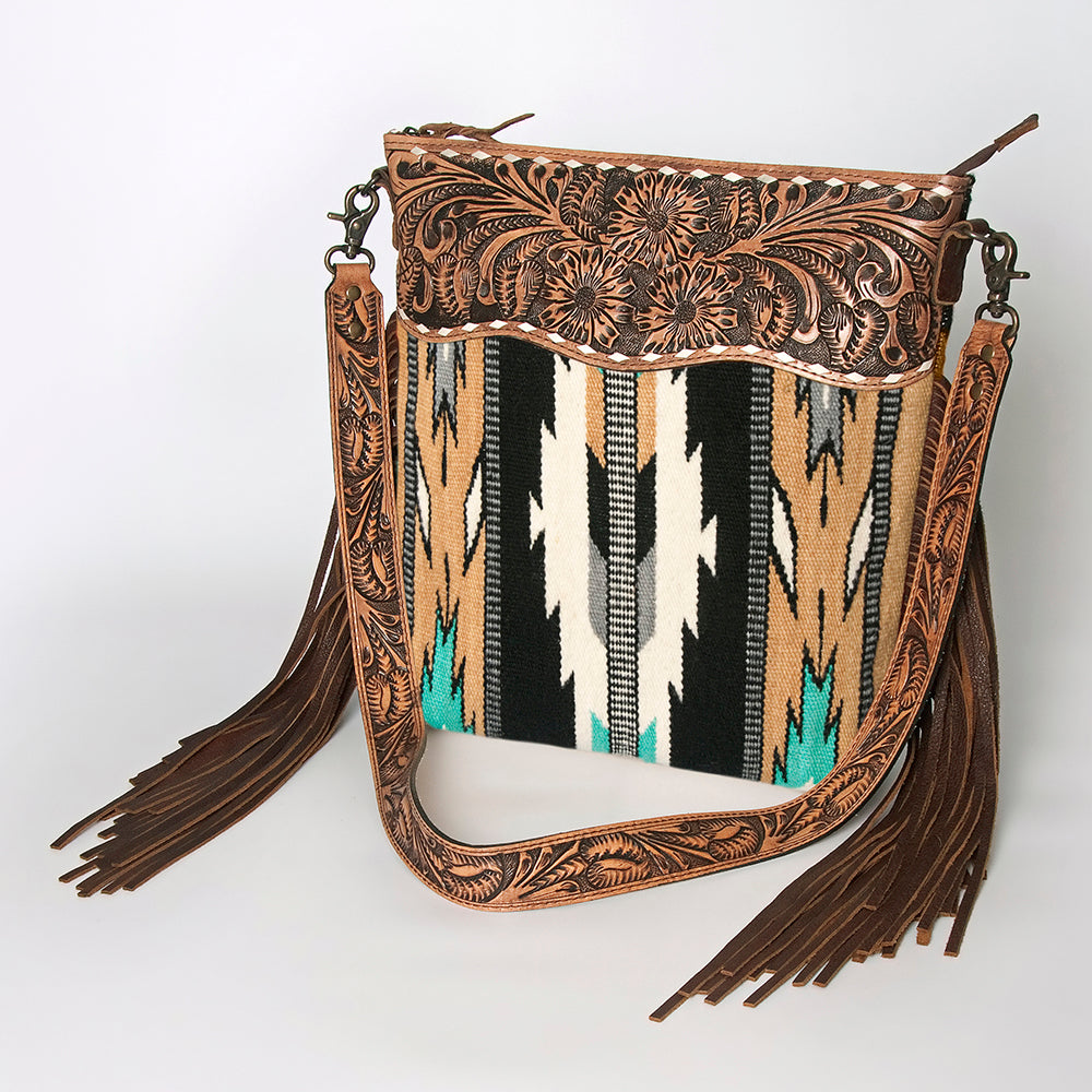 ADBG510 Tooled Leather & Saddle Blanket Crossbody Bag Western Fringe Purse by American Darling