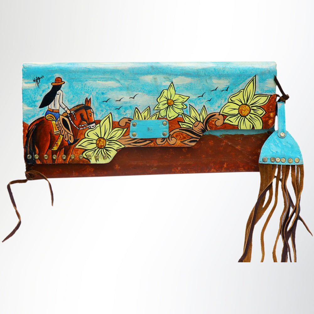ADBGM136 Cowgirl Hand-Painted Leather Clutch - Western Art with Fringe and Stud Detail
