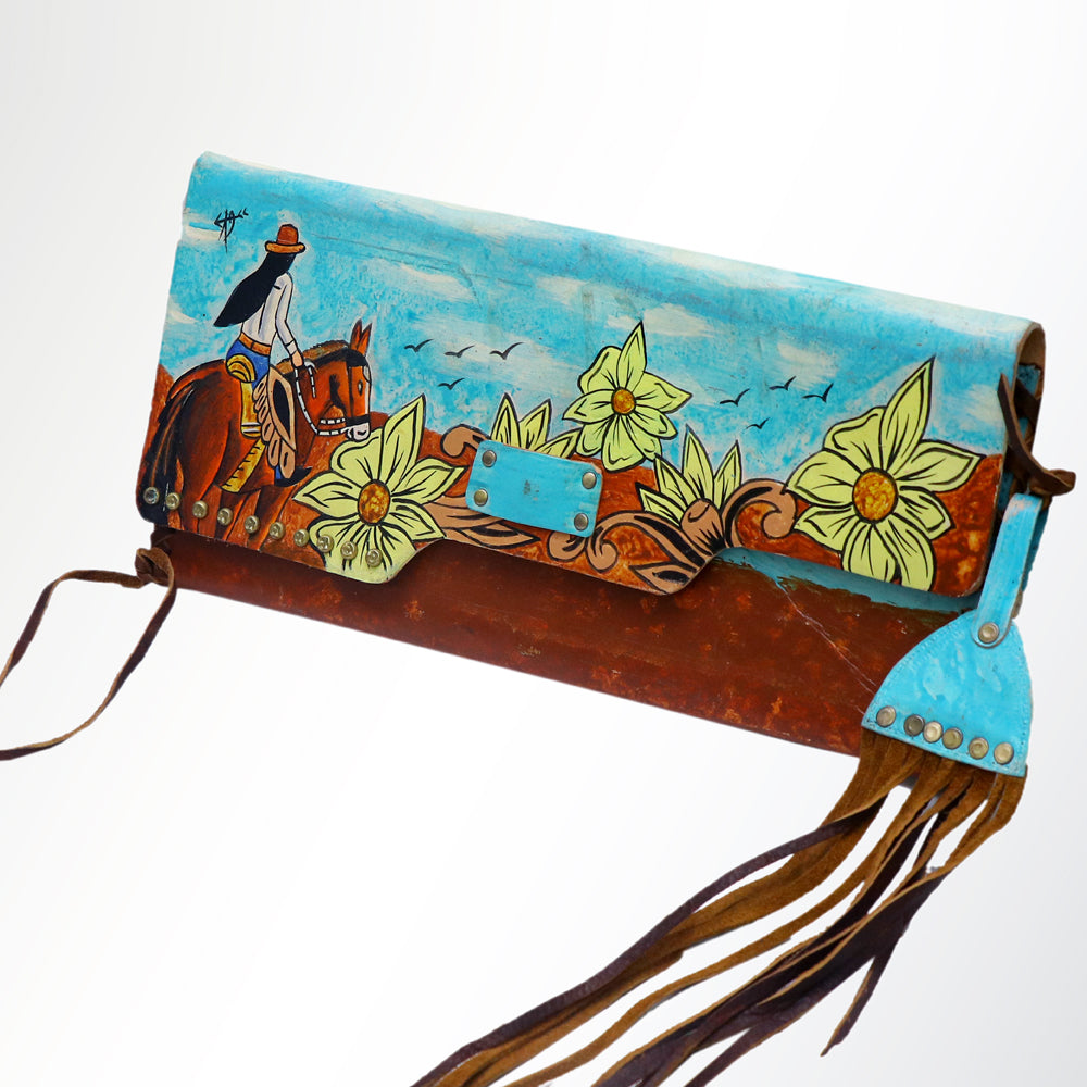 ADBGM136 Cowgirl Hand-Painted Leather Clutch - Western Art with Fringe and Stud Detail