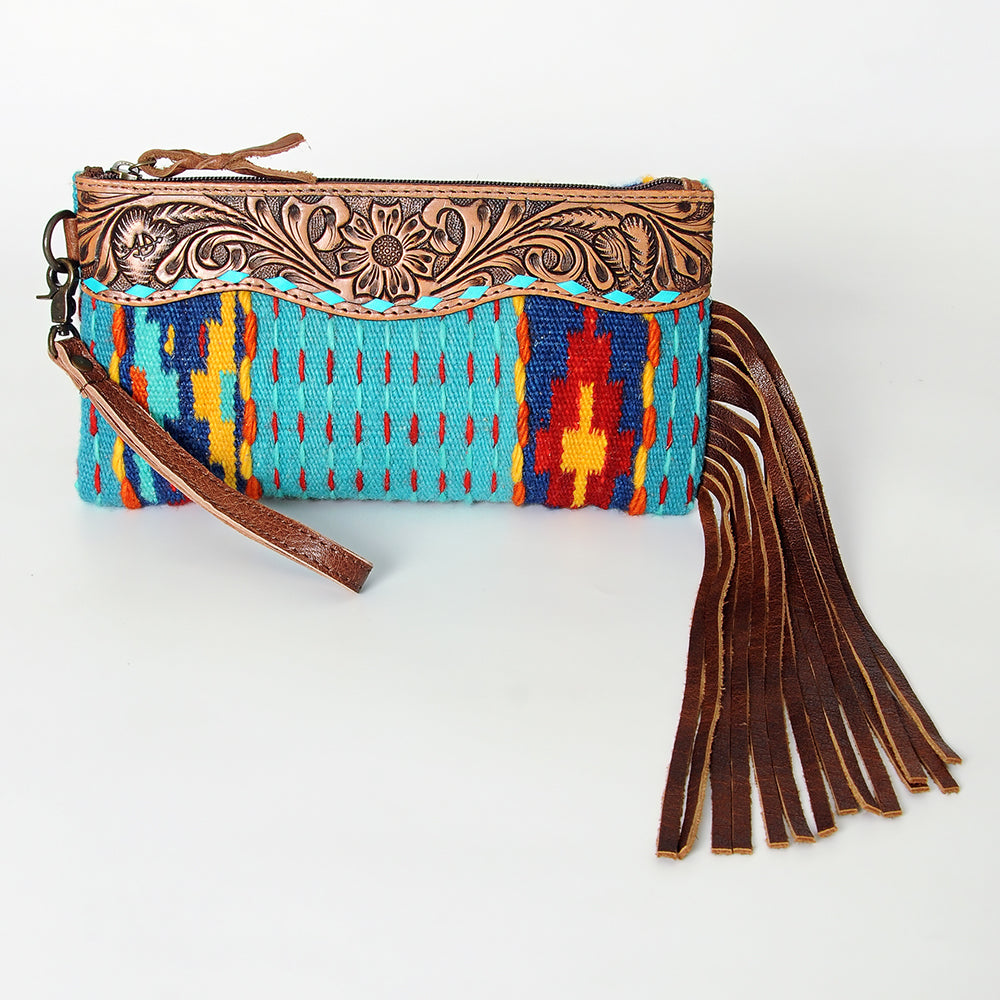 ADBG344 Southwestern Wool Clutch with Tooled Leather Trim & Fringe