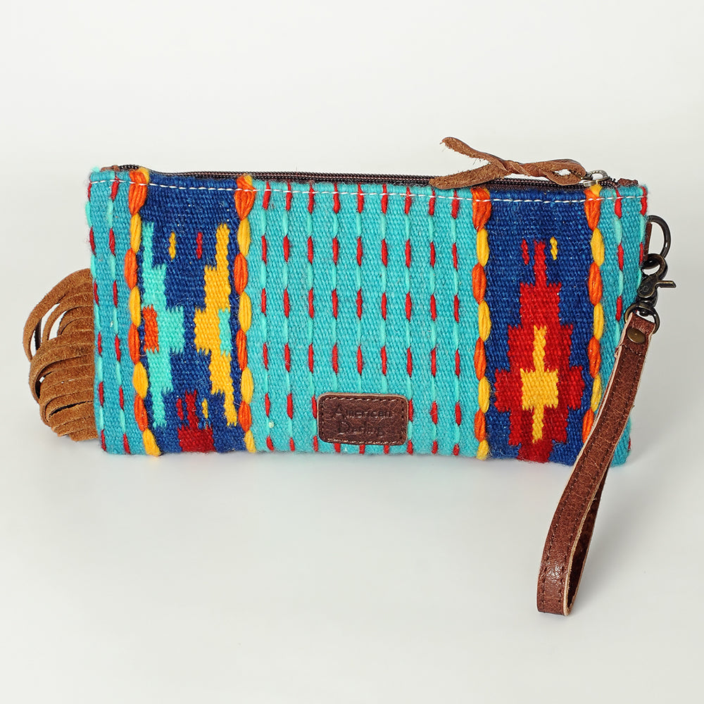 ADBG344 Southwestern Wool Clutch with Tooled Leather Trim & Fringe