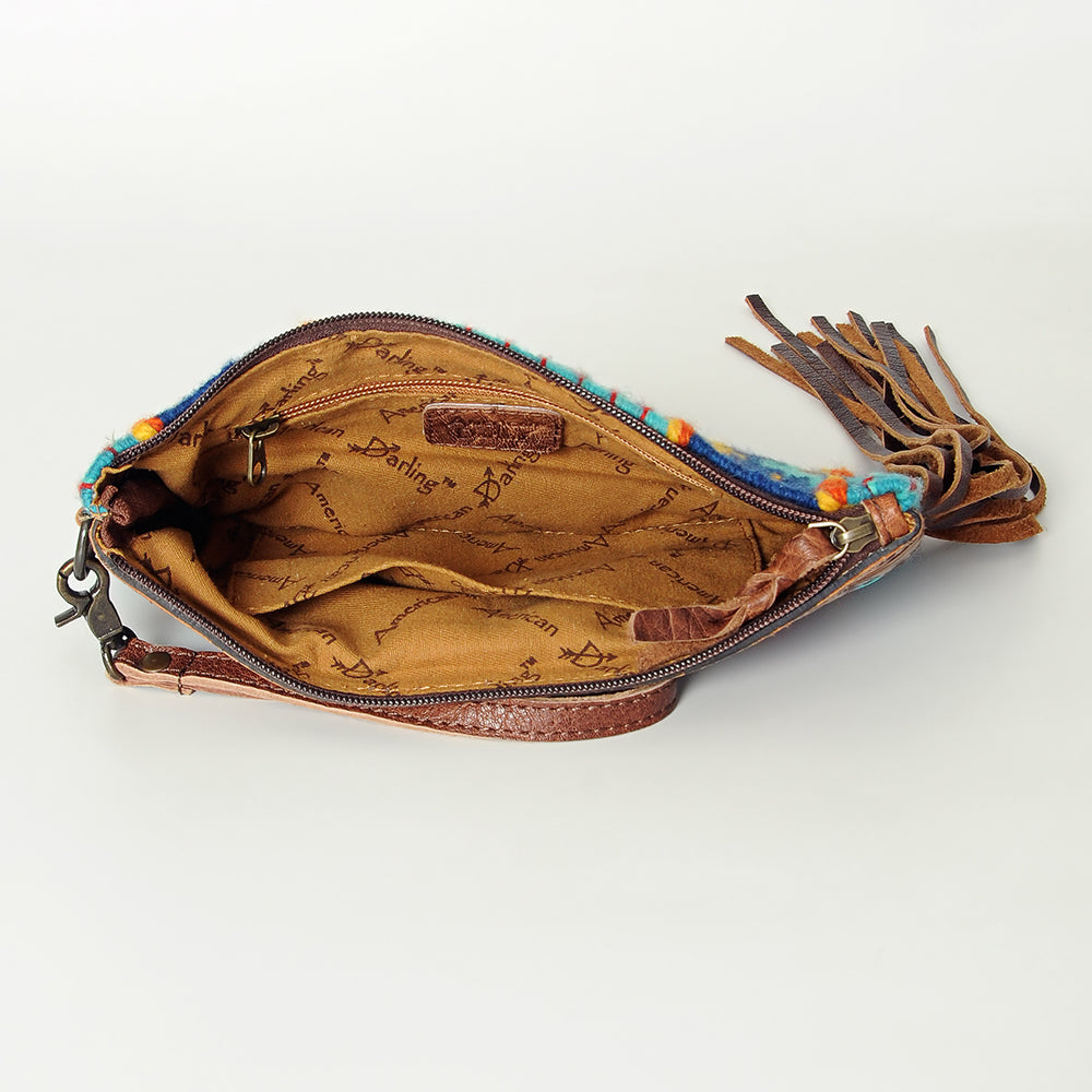 ADBG344 Southwestern Wool Clutch with Tooled Leather Trim & Fringe