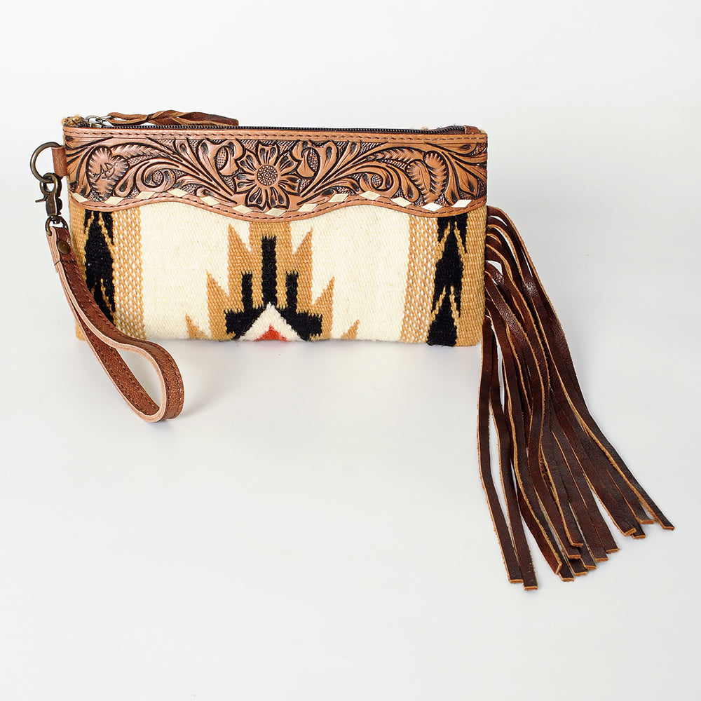 ADBG344 Southwestern Wool Clutch with Tooled Leather Trim & Fringe