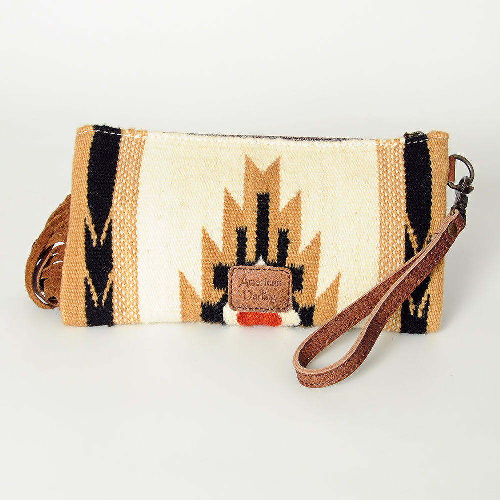 ADBG344 Southwestern Wool Clutch with Tooled Leather Trim & Fringe