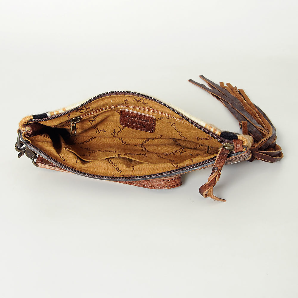 ADBG344 Southwestern Wool Clutch with Tooled Leather Trim & Fringe