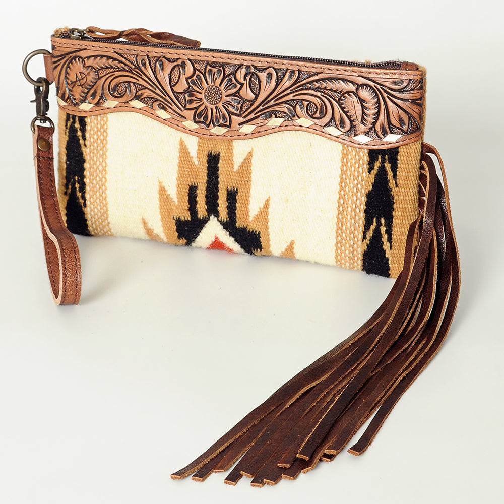 ADBG344 Southwestern Wool Clutch with Tooled Leather Trim & Fringe