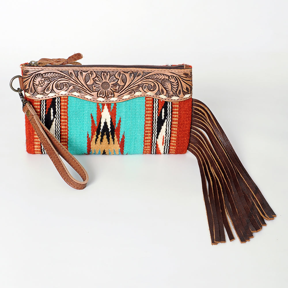 ADBG344 Southwestern Wool Clutch with Tooled Leather Trim & Fringe