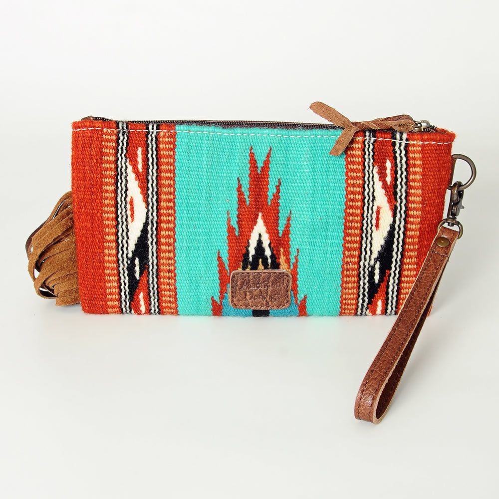 ADBG344 Southwestern Wool Clutch with Tooled Leather Trim & Fringe