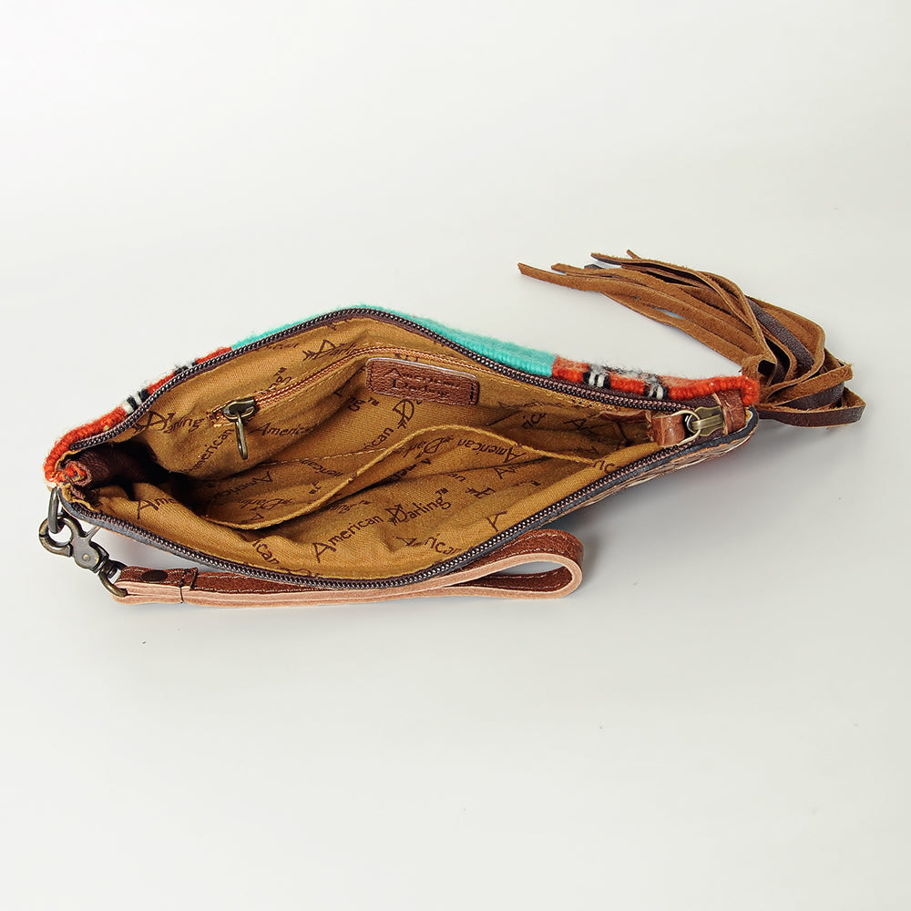 ADBG344 Southwestern Wool Clutch with Tooled Leather Trim & Fringe