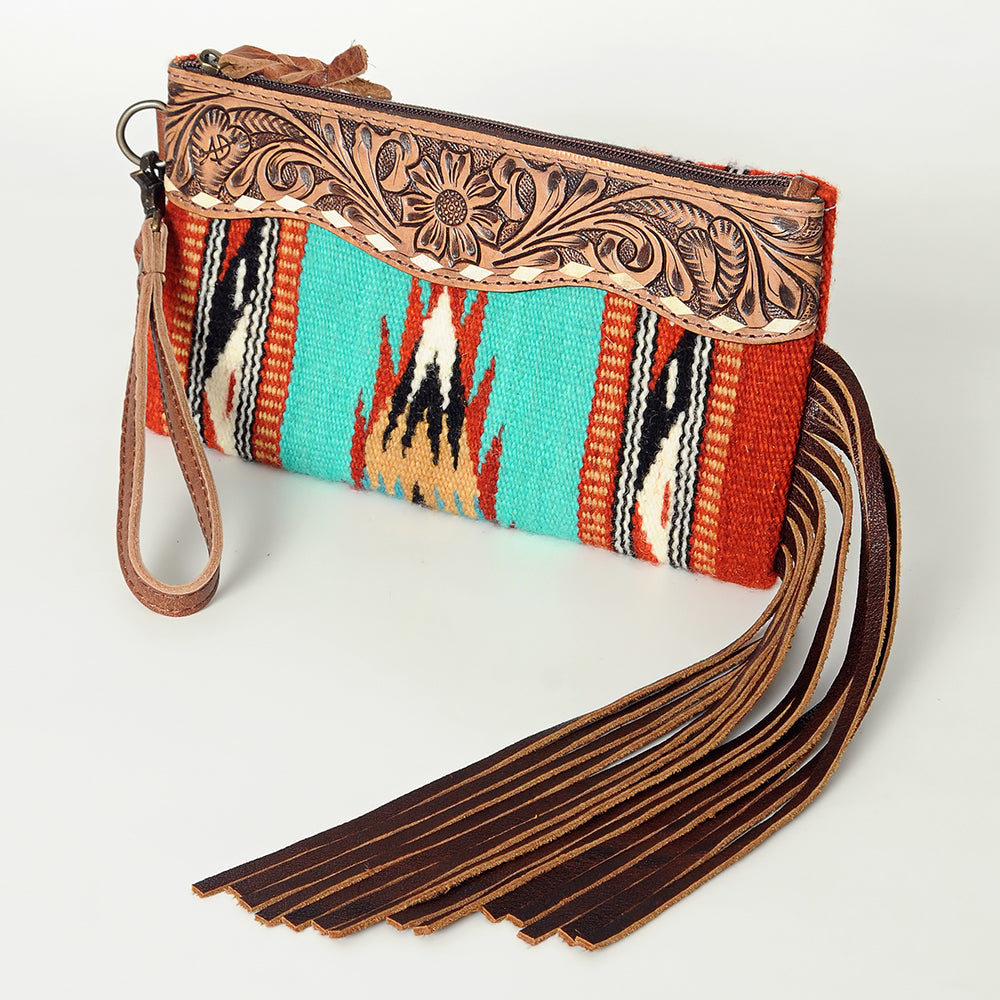 ADBG344 Southwestern Wool Clutch with Tooled Leather Trim & Fringe