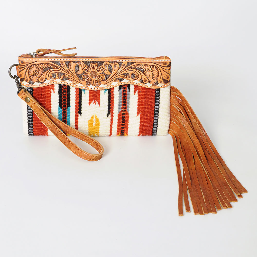 ADBG344 Southwestern Wool Clutch with Tooled Leather Trim & Fringe