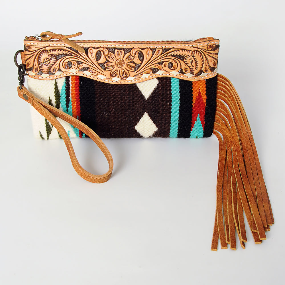 ADBG344 Southwestern Wool Clutch with Tooled Leather Trim & Fringe