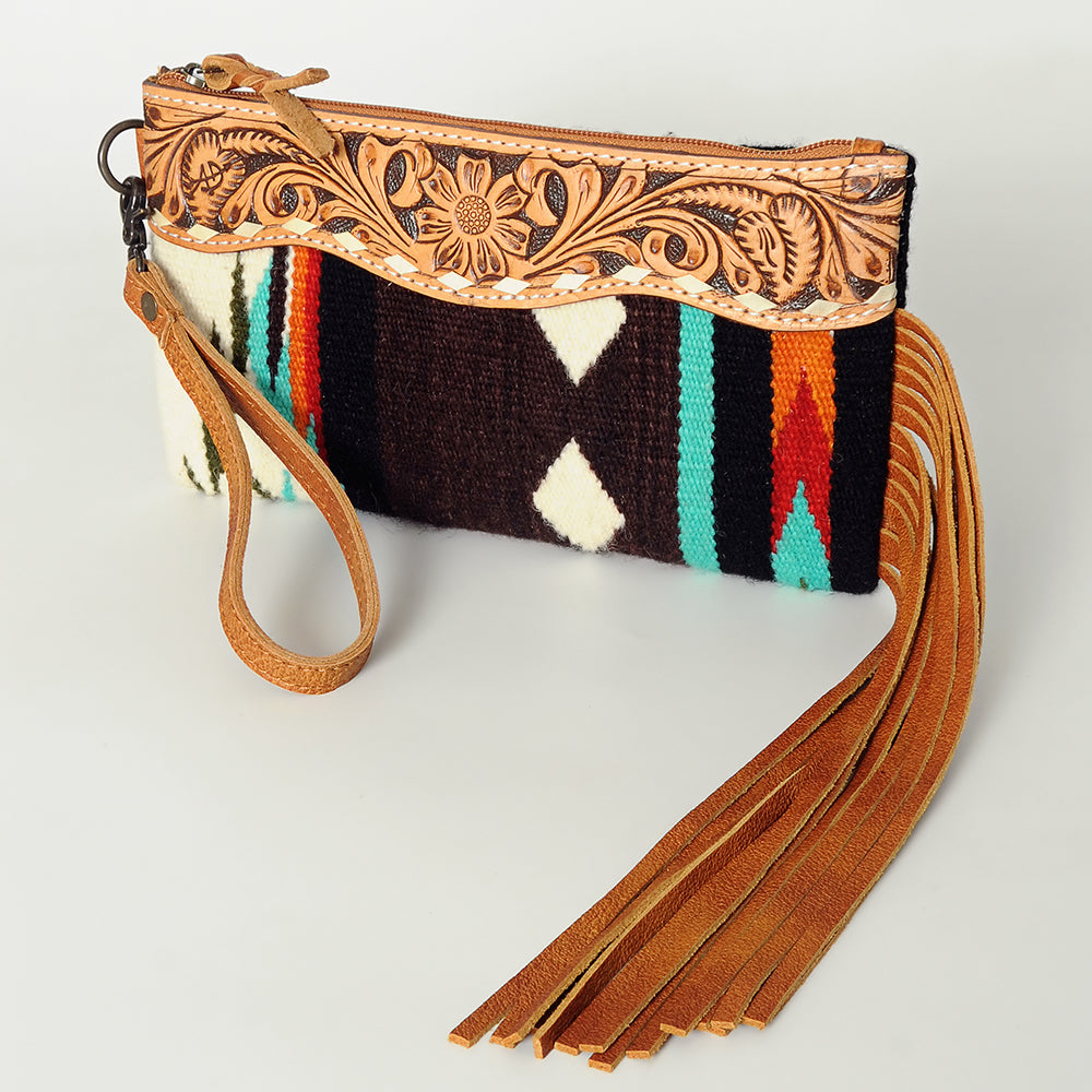 ADBG344 Southwestern Wool Clutch with Tooled Leather Trim & Fringe