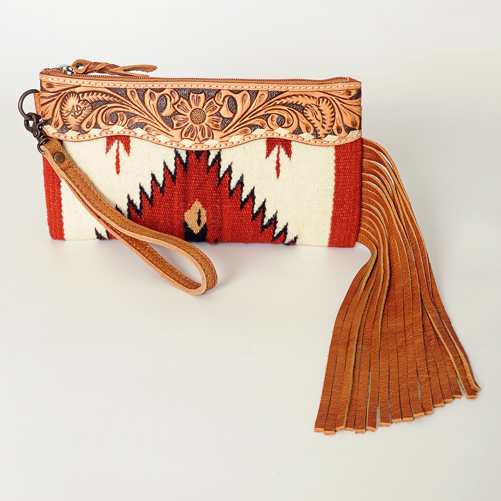 ADBG344 Southwestern Wool Clutch with Tooled Leather Trim & Fringe