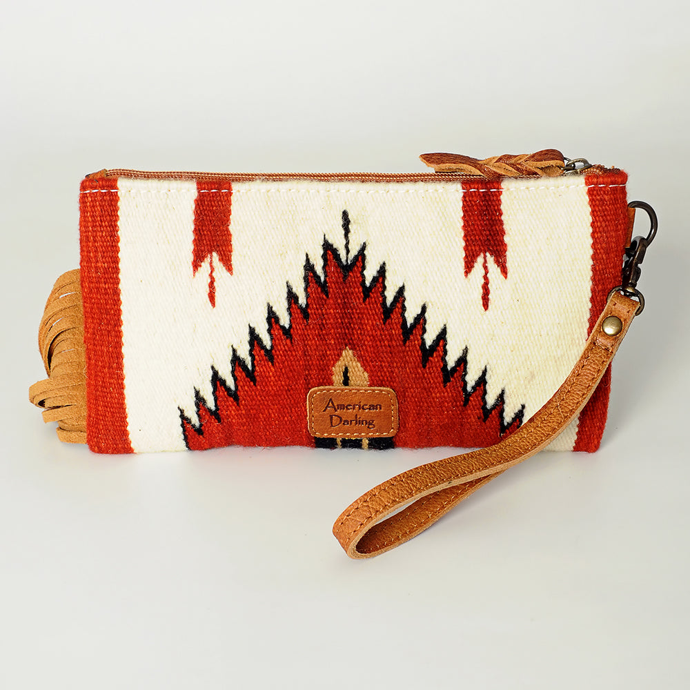 ADBG344 Southwestern Wool Clutch with Tooled Leather Trim & Fringe