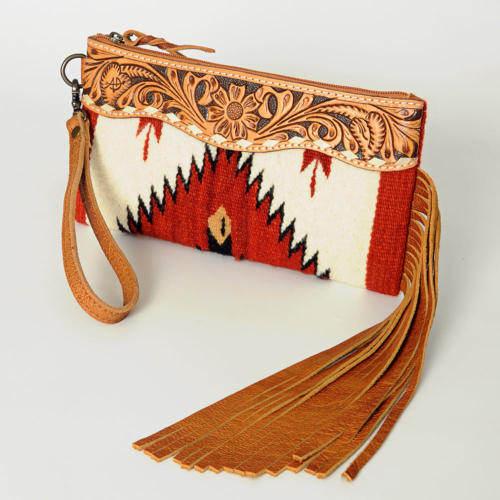 ADBG344 Southwestern Wool Clutch with Tooled Leather Trim & Fringe