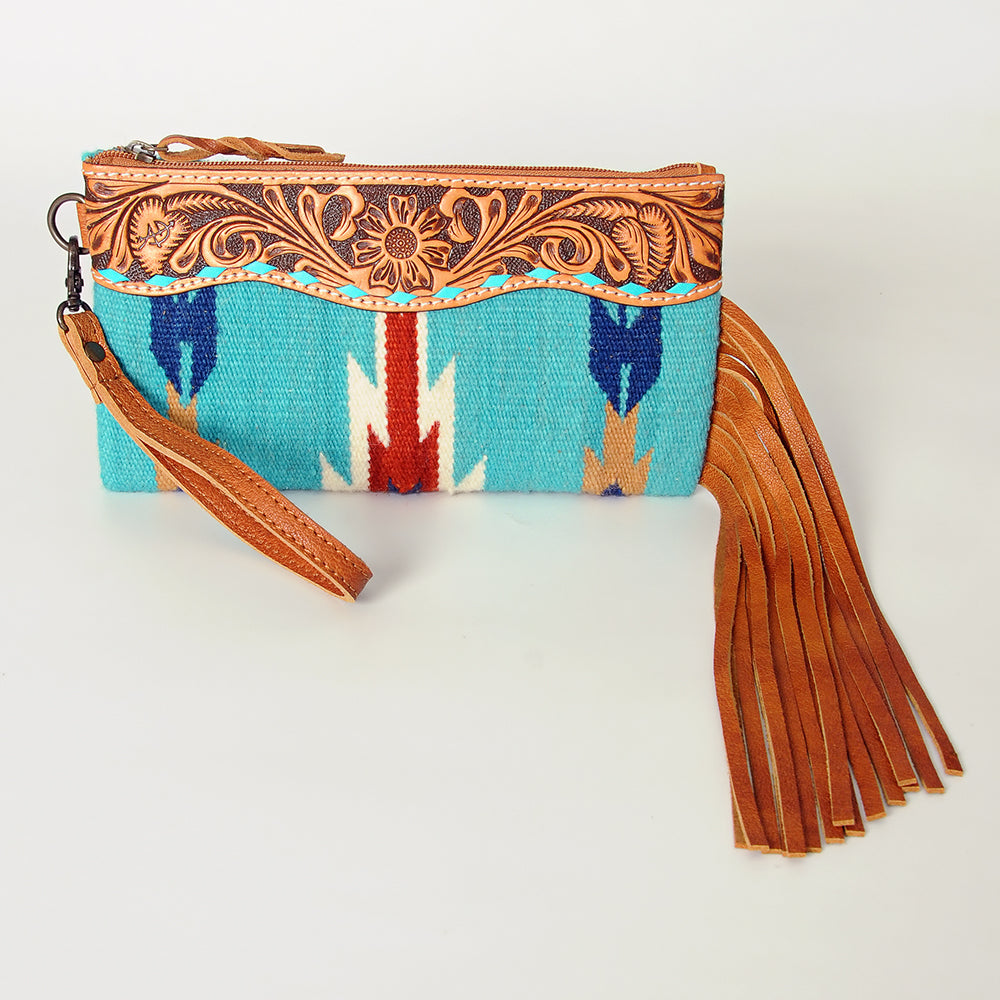 ADBG344 Southwestern Wool Clutch with Tooled Leather Trim & Fringe