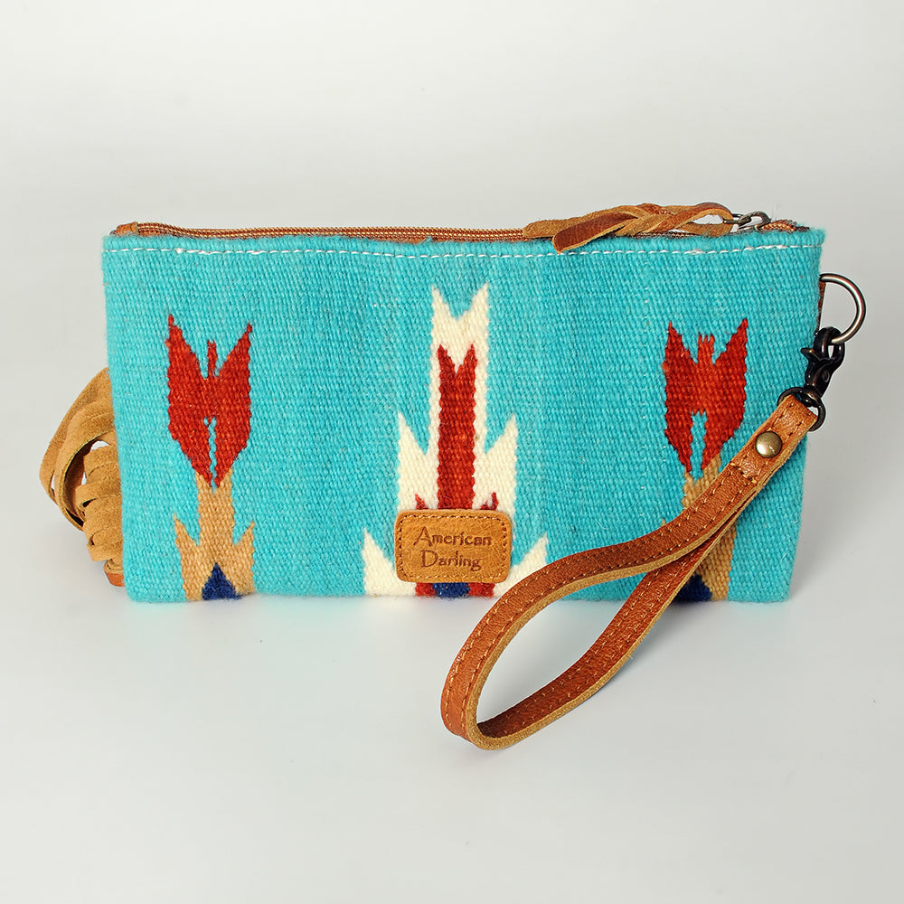 ADBG344 Southwestern Wool Clutch with Tooled Leather Trim & Fringe