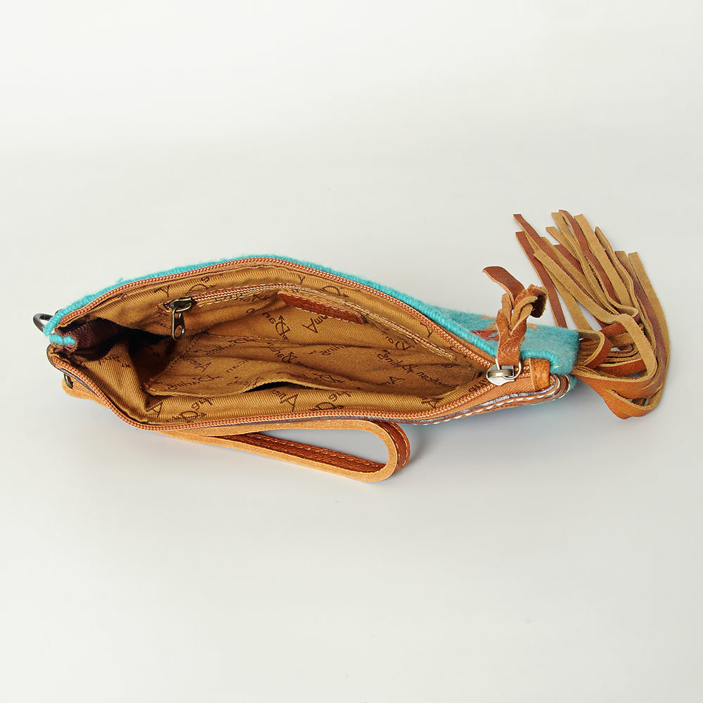 ADBG344 Southwestern Wool Clutch with Tooled Leather Trim & Fringe