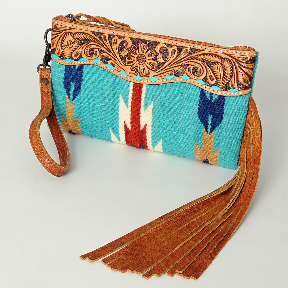 ADBG344 Southwestern Wool Clutch with Tooled Leather Trim & Fringe