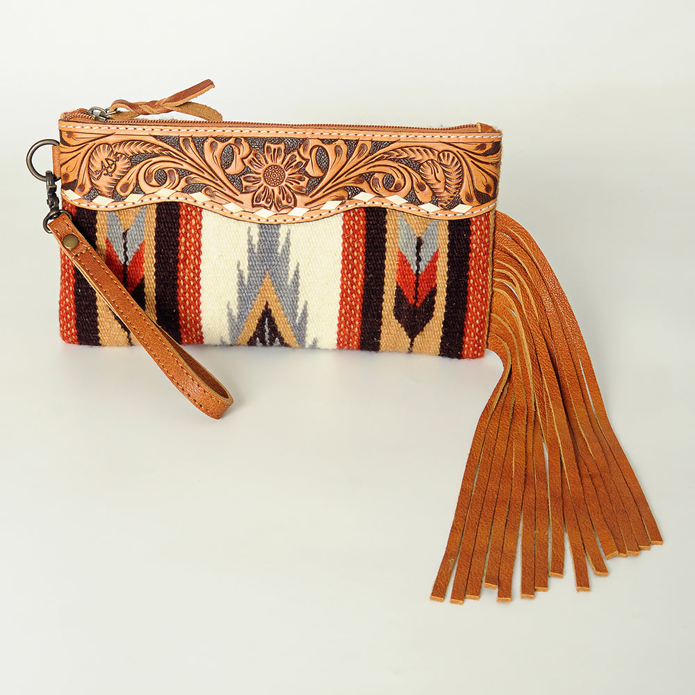 ADBG344 Southwestern Wool Clutch with Tooled Leather Trim & Fringe