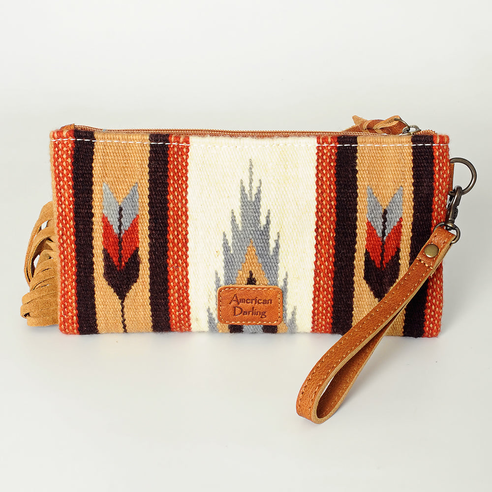 ADBG344 Southwestern Wool Clutch with Tooled Leather Trim & Fringe