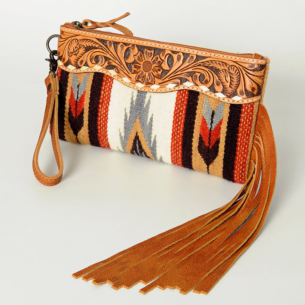ADBG344 Southwestern Wool Clutch with Tooled Leather Trim & Fringe