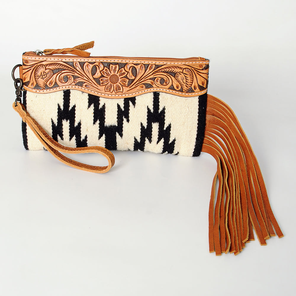 ADBG344 Southwestern Wool Clutch with Tooled Leather Trim & Fringe